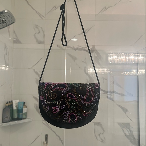 Vintage nicer 🧡quality gala evening bag black satin with jewel tone beading🖤💚 - Picture 11 of 16
